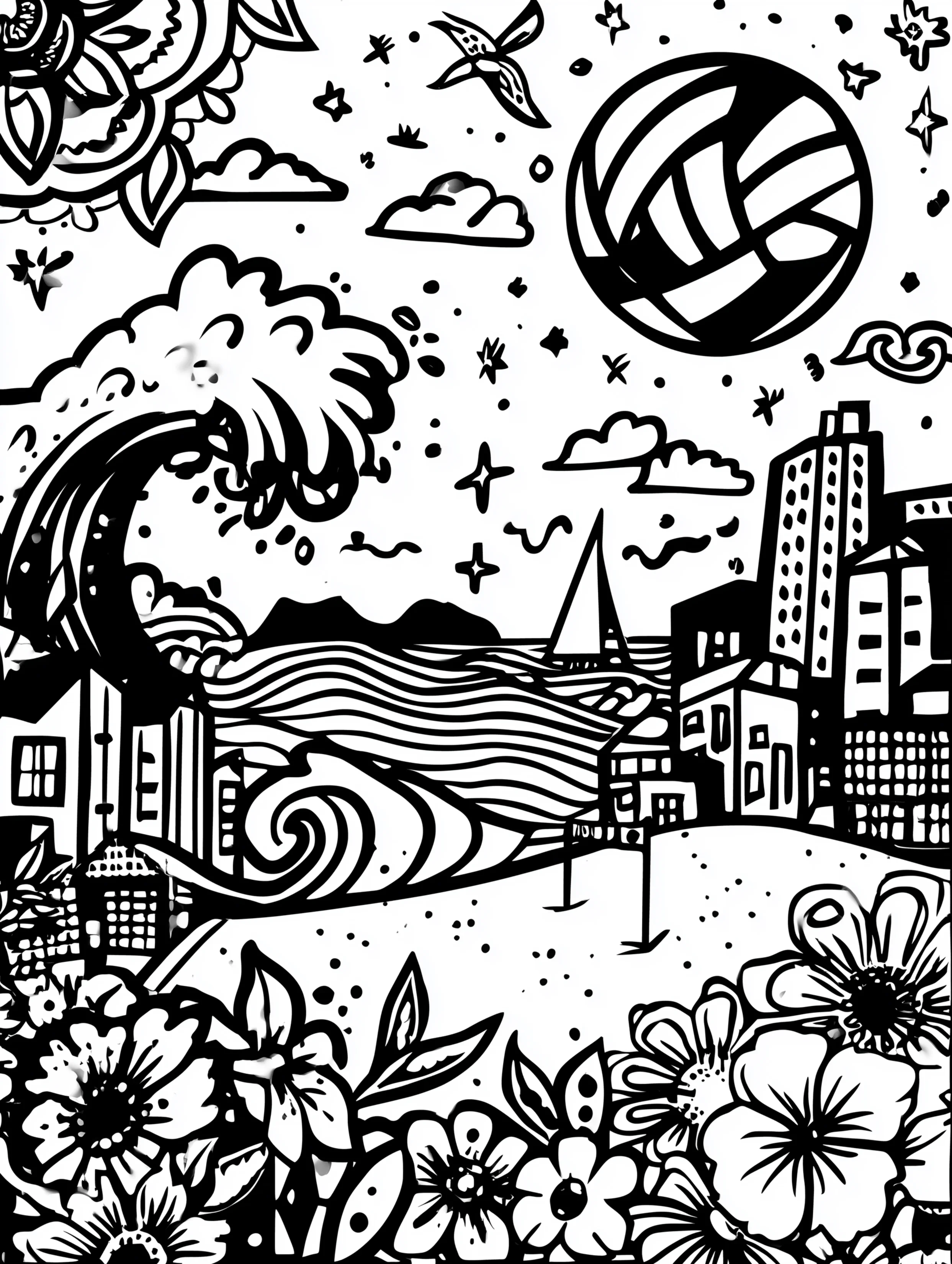 Free printable volleyball coloring page for adults featuring a volleyball in the sky with a large wave